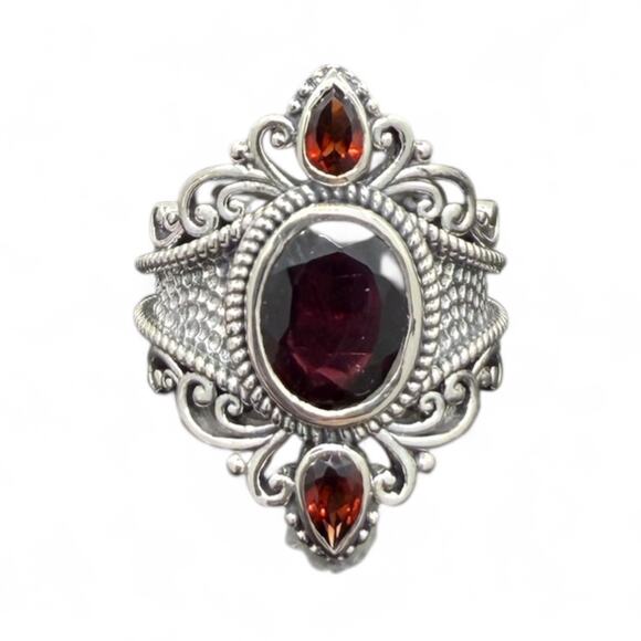 Natural Rhodolite Red Garnet Ring Hammered 925 Sterling Silver Size 9 Handmade - Picture 1 of 8